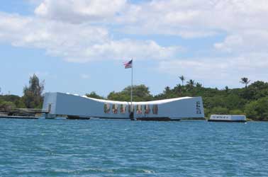 The USS Arizona Memorial, seen from the approaching boat. The USS Arizona Memorial