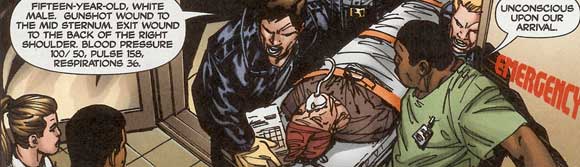 He's lashed to a gurney, how many EMTs does it take? scene from Batman: Legends of the Dark Knight #200
