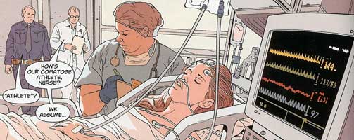 I'm not sure why the nurse is wearing a surgical cap, but no eyewear or mask Hospital Scene from OMAC #7