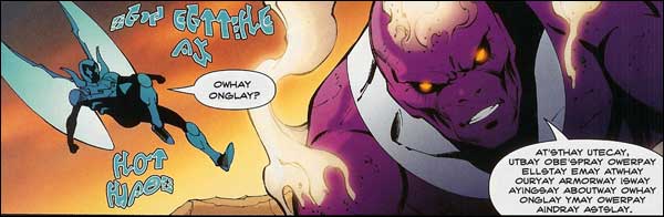 Blue Beetle #26 -- the all Pig Latin edition. Click for the full page.