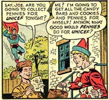 Superman talks about 'Pennies for UNICEF!' Click for the full page.